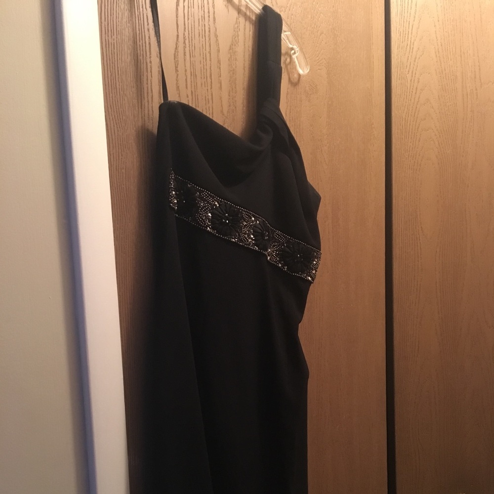 Black off the shoulder embellished cocktail dress
